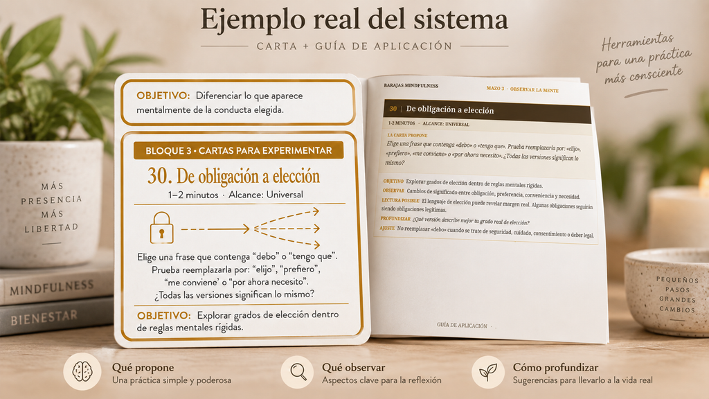 Ejemplo real de carta y guía de aplicación de Barajas Mindfulness